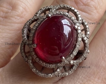 Natural Ruby Diamond Engagement Ring, 925 Sterling Silver Halo Statement Jewelry, Wedding Anniversary Gift