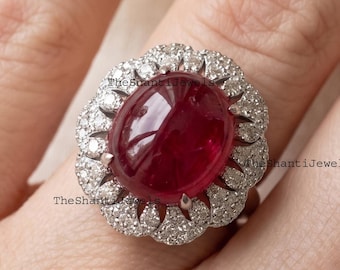 Anello di fidanzamento con rubino naturale e diamanti, in argento sterling 925, gioiello di tendenza per donna, regalo di anniversario.