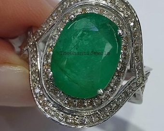 Natural Emerald Ring, 925 Sterling Silver Diamond Halo, Oval Gemstone Statement Jewelry, May Birthstone Cocktail Bridal Wedding Women