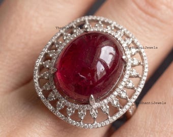 Natural Ruby Diamond Halo Ring, 925 Sterling Silver Oval Statement Jewelry, July Birthstone Bridal Cocktail Ring for Women Luxury Chic
