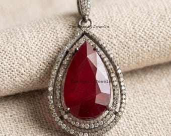 Natural Ruby Diamond Teardrop Pendant Necklace, 925 Sterling Silver Statement Jewelry for Women, July Birthstone Bridal Wedding Luxury