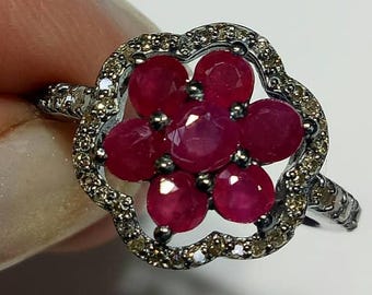 Natural Ruby Cluster Ring, 925 Sterling Silver Pave Diamond Halo Statement Jewelry