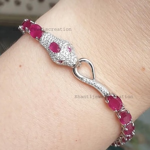 Natural Ruby Diamond Bracelet, 925 Sterling Silver Snake Style Jewelry, Birthday Gift for Women