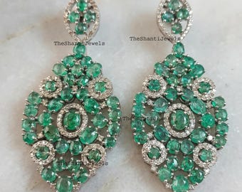 Natural Emerald Diamond Chandelier Earrings, 925 Sterling Silver, 55mm May Birthstone Green Gemstone Statement Bridal Cocktail Jewelry