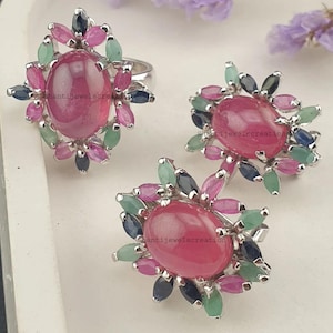 Natural Ruby Emerald Sapphire Cluster Ring Earring, 925 Sterling Silver Statement Jewelry, Birthday Gift