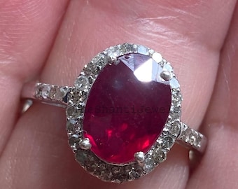 Natürlicher Rubin Verlobungsring, 925 Sterling Silber, Designer Diamant Halo Schmuck, Hochzeitsjubiläum Geschenk