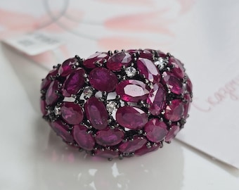 Clusterring met natuurlijke robijn, 925 sterlingzilveren moissaniet-statementsieraden