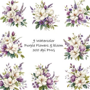 Purple Flower Bouquet Clipart: Watercolor Violet Floral PNG (Digital Download)
