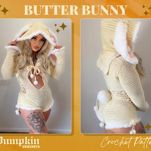 Patron de tenue au crochet : barboteuse DIY Butter Bunny, capuche avec oreilles et queue (téléchargement instantané)