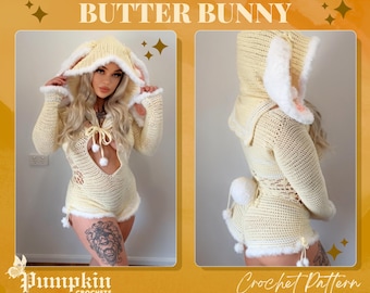 Outfit Häkelanleitung: Butter Bunny DIY Strampelanzug, Kapuze mit Ohren & Schwanz (Instant Download)