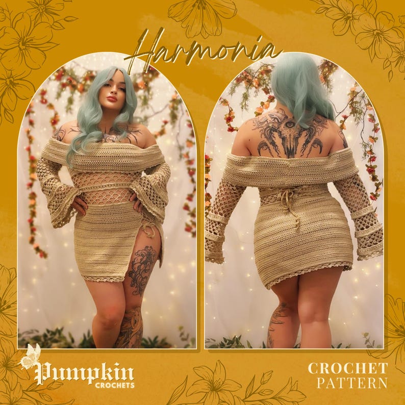 May include: A two-panel image featuring a beige crochet dress with an off-the-shoulder design and a thigh-high slit. The dress has long sleeves with flared cuffs. The text "Harmonia" is at the top, and "Pumpkin Crochets" is at the bottom.