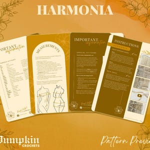 May include: A pattern preview with the word "HARMONIA" at the top. The image shows four open pages with text and illustrations, including "IMPORTANT INFORMATION," "MEASUREMENTS," and "INSTRUCTIONS." The bottom of the image has the text "Pumpkin Crochets" and "Pattern Preview."