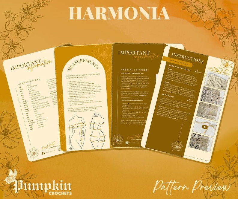 May include: A pattern preview with the word "HARMONIA" at the top. The image shows four open pages with text and illustrations, including "IMPORTANT INFORMATION," "MEASUREMENTS," and "INSTRUCTIONS." The bottom of the image has the text "Pumpkin Crochets" and "Pattern Preview."