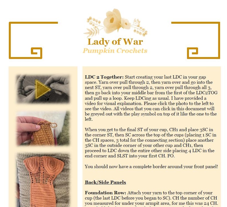 Może przedstawiać: Przewodnik po wzorach szydełkowych zatytułowany "Lady of War Pumpkin Crochets" z instrukcjami i diagramami. Przewodnik zawiera zdjęcie ukończonego projektu szydełkowego i instrukcje krok po kroku.