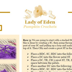May include: A crochet tutorial page with the text "Lady of Eden Pumpkin Crochets." The page includes instructions for a crochet project, with close-up photos of the work in progress. The instructions include abbreviations like HDC, SC, DC, and TR.