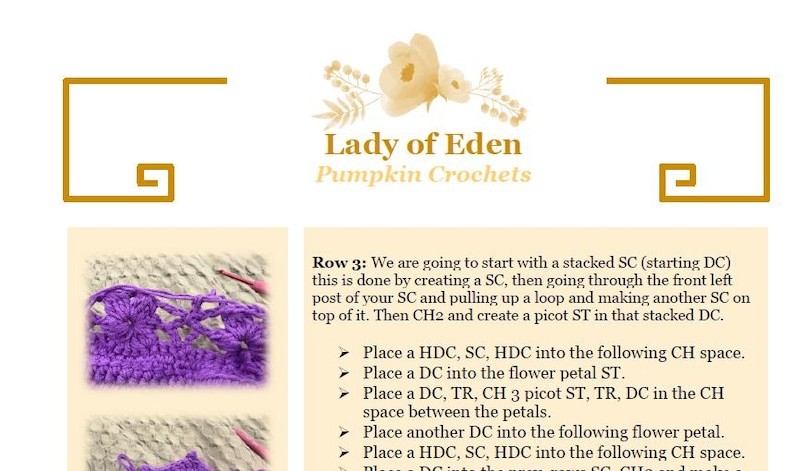 May include: A crochet tutorial page with the text "Lady of Eden Pumpkin Crochets." The page includes instructions for a crochet project, with close-up photos of the work in progress. The instructions include abbreviations like HDC, SC, DC, and TR.