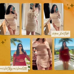 May include: A collage of images showcasing crochet dresses in various colors. The dresses feature off-the-shoulder designs and long sleeves. The text "TESTER APPRECIATION" and social media handles are also visible.