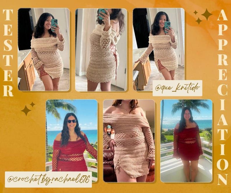 May include: A collage of images showcasing crochet dresses in various colors. The dresses feature off-the-shoulder designs and long sleeves. The text "TESTER APPRECIATION" and social media handles are also visible.