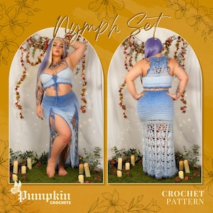 May include: A two-piece crochet set in shades of blue, featuring a halter top and a high-waisted skirt with a thigh-high slit. The set is labeled "Nymph Set" and "Pumpkin Crochets". The image shows the front and back of the set.