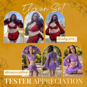 K&ouml;nnte beinhalten: Eine Collage von Bildern, die geh&auml;kelte Blumensets in Rot und Lila zeigen. Die Sets umfassen Crop-Tops und R&ouml;cke mit Glocken&auml;rmeln und R&uuml;schenkanten. Der Text "Flower Set" und "TESTER APPRECIATION" sind sichtbar.