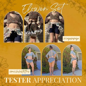 K&ouml;nnte beinhalten: Ein geh&auml;keltes Blumen-Set wird in mehreren Bildern gezeigt. Das Set besteht aus einem Crop-Top und einem Rock oder Shorts. Das Top und der Rock sind in verschiedenen Farben gehalten. Der Text "Flower Set" und "TESTER APPRECIATION" sind sichtbar.