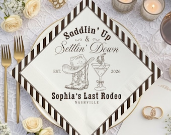 Custom Saddlin Up Settlin Down Napkins, Last Rodeo Bachelorette Decor, Retro Western Bridal Shower Favors, Cowboy Martini