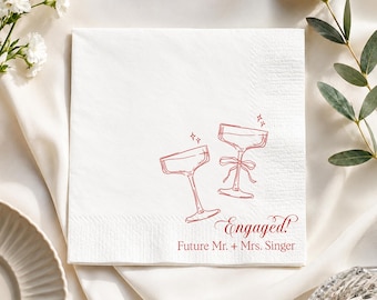 Gepersonaliseerde servetten voor verloving, cocktailservetten voor toekomstig echtpaar, strikdecoratie voor champagneglazen, bedankjes voor het verlovingsfeest, gepersonaliseerde huwelijksbedankjes