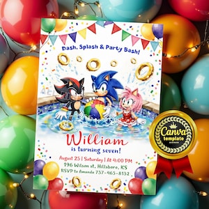 Sonic Birthday Pool Party Invitation. Canva Editable Template. Sonic, Shadow & Amy Rose Swimming Invite