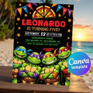 Ninja Turtles Birthday Invitation – Editable Canva Template for a Fun Ninjas Turtle Pizza Party. Digital or Printable Cowabunga Invite Card