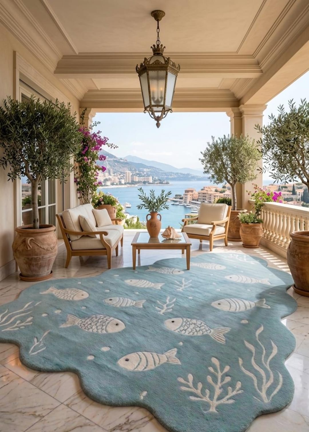 Ocean Fish Hand Tufted Rug, Sea Theme Carpet, Blue Wavy Marine Life ...