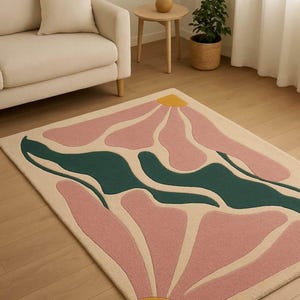 Premium Modern Abstract Area Rug Soft Minimalist Carpet with Artistic Pink, Green Yellow Design Perfect for Living Room, Bedroom Home