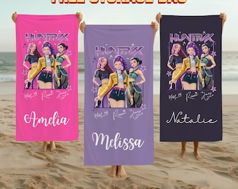 Benutzerdefinierte K-Pop Huntrix Strandtuch, personalisierte Anime Girl Art Strandtuch, Dämonenjäger Badetuch, Name Pool Handtuch für Mädchen, Strand Geschenk für Kind