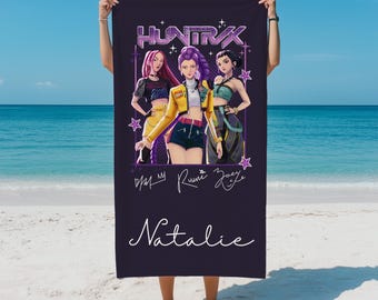 Toalla de playa personalizada de K-pop Huntrix, toalla de playa con arte de chica anime personalizada, toalla de baño de Demon Hunter, toalla de piscina con nombre para niña, regalo de playa para niño