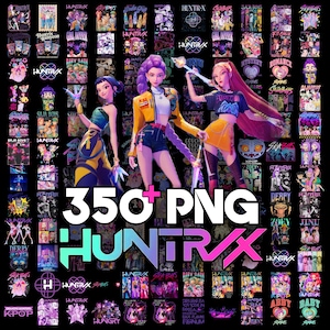 May include: A digital graphic with three stylized female figures, each with unique hairstyles and clothing, set against a backdrop of various graphics. The text "350+ PNG HUNTRAX" is prominently displayed, showcasing a modern, colourful design.
