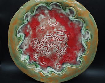 Handmade Etched Red Dragon Plate, 8-inch Glazed Clay