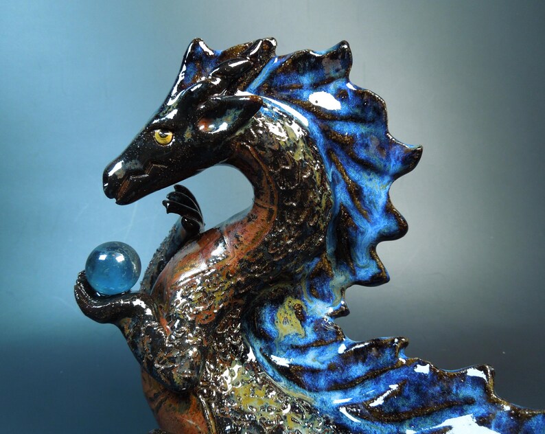 Handmade Clay Dragon Sculpture - Blue and Red, 6 inch Bild 8
