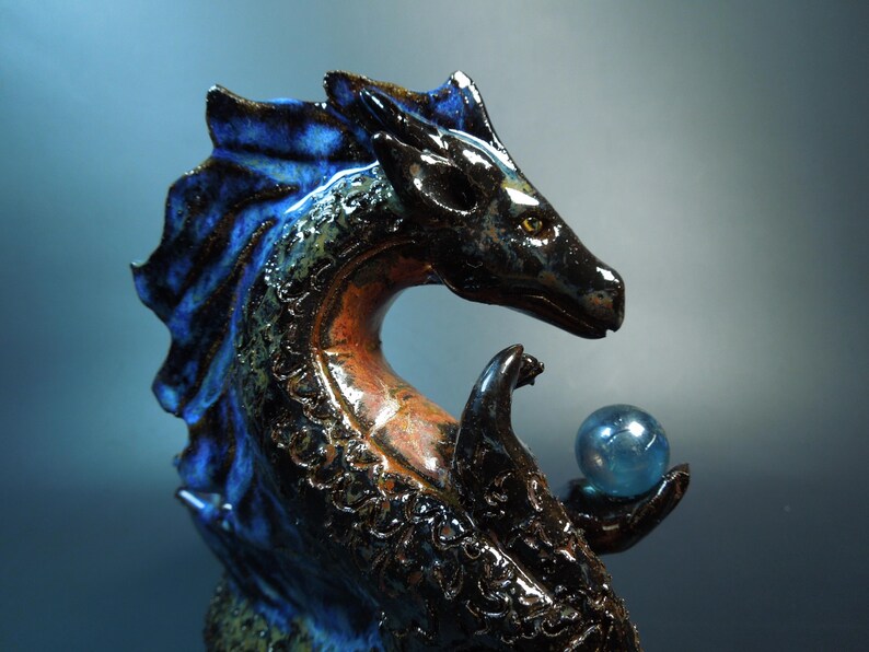 Handmade Clay Dragon Sculpture - Blue and Red, 6 inch Bild 7