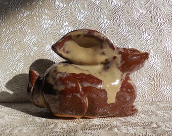 Hand Built Clay Rabbit: Brown & Cream Art Glaze, Garden Decor (7x5 inch)