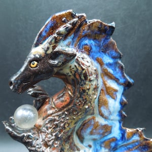 Handmade Clay Dragon: Blue & Bronze Glazed Figurine