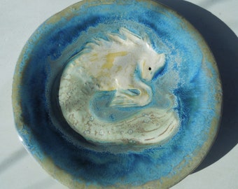 Hand Built Seahorse Plate, Etched Ceramic Dish, 7 inch