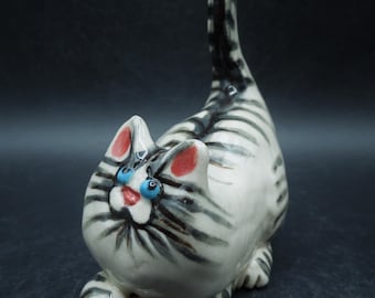 Hand Built Clay Tabby Cat Figurine
