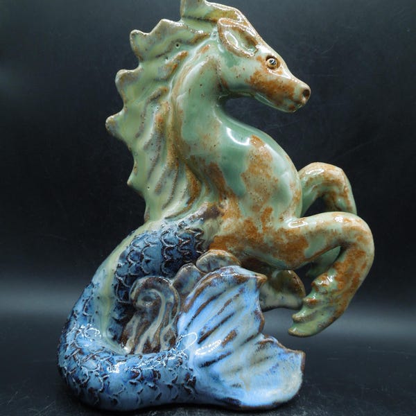 Handmade Clay Hippocampus Sculpture: High Fired & Waterproof