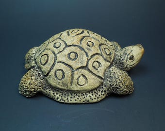 Handmade Clay Turtle Figurine - Stained, Carved, Waterproof