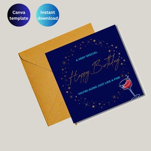 Tarjeta de cumpleaños, descarga instantánea, tarjetas de celebración, azul y dorado, elegante y con clase.