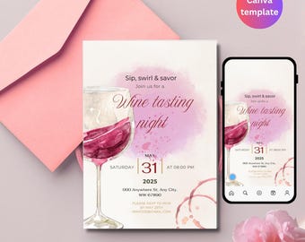 May include: A wine tasting night invitation with a watercolor design. The invitation features a wine glass filled with red wine, the text "Wine tasting night", and event details. A smartphone displays the same design.