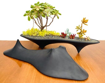 Jardinière moderne en béton Shadow Island - longue pièce maîtresse de jardinière noire, décoration intérieure, jardinière de bureau, cadeau, design moderne, plantes succulentes