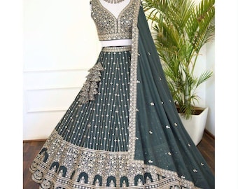 Jasnozielony zestaw Lehenga Choli | Indyjski strój ze sztucznej żorżety w gwiazdki | Cekiny i haft Jari | Strój na wesele Chaniya Choli dla kobiet