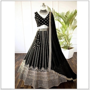 Black Sequins Embroidered Lehenga Set – Semi Stitched Georgette Choli with Dupatta | Indian Party Wear Outfit