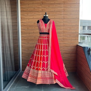 Orange Pink Lehenga Choli Set | Faux Georgette Indian Outfit | Dual Sequin & Jari Embroidery | Semi Stitched Wedding Party Wear for Women