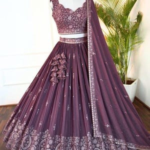 Rose Brown Designer Lehenga Choli – Embroidered Semi Stitched Georgette Set with Dupatta | Indian Bridal Outfit